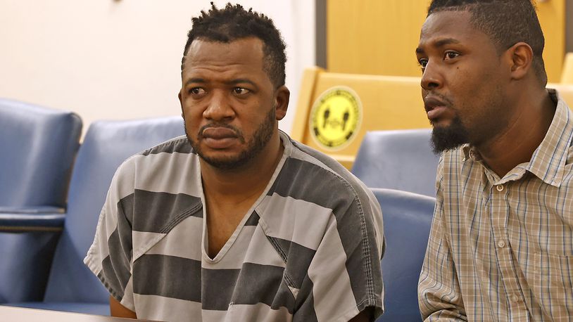 Hermanio Joseph, left, sits with interpreter, Sony Auguste, as he's arraigned in Clark County Municipal Court Thursday, August 24, 2023. Joseph is charged with vehicular homicide for causing the fatal Northwestern school bus crash on Tuesday. BILL LACKEY/STAFF