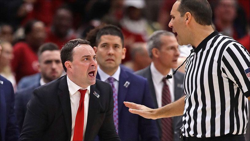 CHICAGO, ILLINOIS - MARCH 14: Head coach Archie Miller of the Indiana Hoosiers yells at a referee during a game against Ohio State Buckeyes at the United Center on March 14, 2019 in Chicago, Illinois. Ohio State defeated Indiana 79-75. (Photo by Jonathan Daniel/Getty Images)