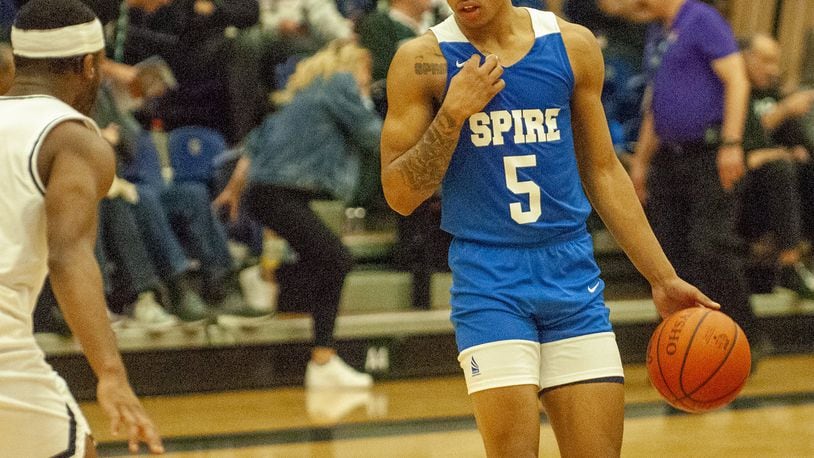Former Springfield standout Raheim Moss, now at Spire Academy, during a game against his former teammates on Jan. 20, 2019, at Trent Arena. Jeff Gilbert/CONTRIBUTED
