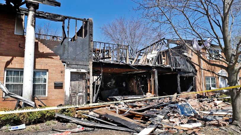 A section of the Ridgewood Court Townhomes that was blown apart in Saturday's explosion still sits untouched Monday, April 10, 2023. BILL LACKEY/STAFF