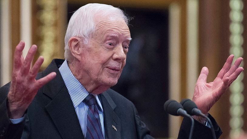 LONDON, ENGLAND - FEBRUARY 3: Former U.S. President Jimmy Carter receives delivers a lecture on the eradication of the Guinea worm, at the House of Lords on February 3, 2016 in London. The lecture, entitled Final Days of the Fiery Serpent: Guinea Worm Eradication, was delivered by President Carter on behalf of The Carter Centre. (Photo by Eddie Mullholland-WPA Pool/Getty Images)