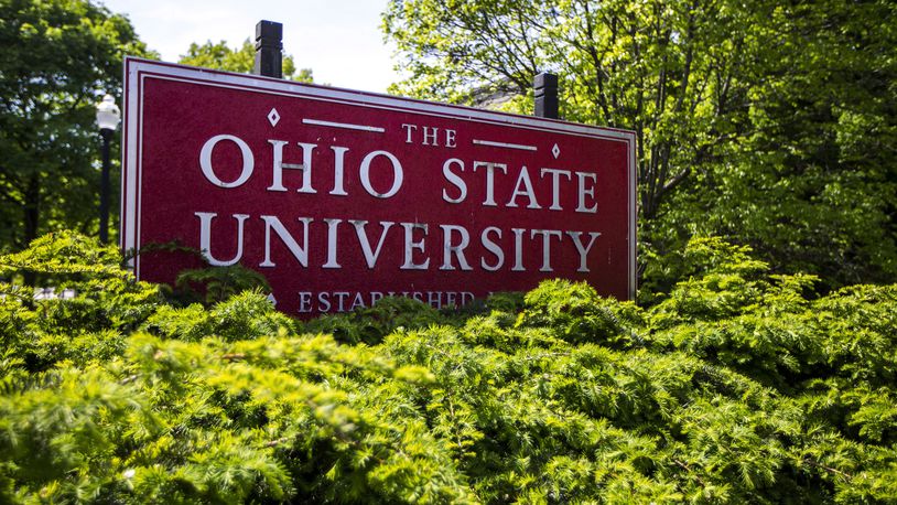 FILE - A sign for Ohio State University stands in Columbus, May 8, 2019. (AP Photo/Angie Wang, File)