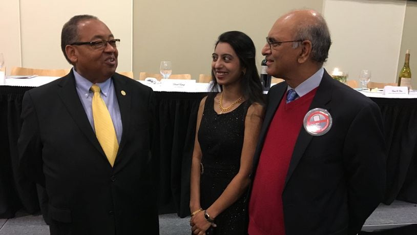 National NAACP Board Chairman Leon W. Russell meets with Dr. Soumya Neravetla and Dr. Surender Neravetla prior to the third annual Freedom Fund Banquet at the Hollenbeck Bayley Creative Arts and Conference Center on Friday, Nov. 17. Photo by Brett Turner