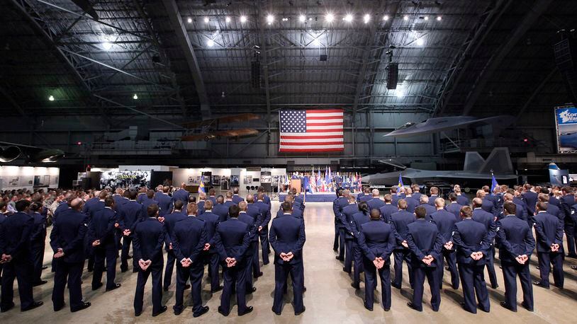 National Air and Space Intelligence Center (NASIC) airmen stand at parade rest during a NASIC change of command ceremony at the National Museum of the U.S. Air Force in April 2018. TY GREENLEES / STAFF