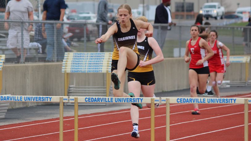 Shawnee’s Jace Mitchem won the 300-meter hurdles and the long jump, while also finishing third in the 100 hurdles at Cedarville’s Impson Invitational. Mitchem, a standout pole vaulter, took up the hurdles after injuring her wrist. Greg Billing / Contributed