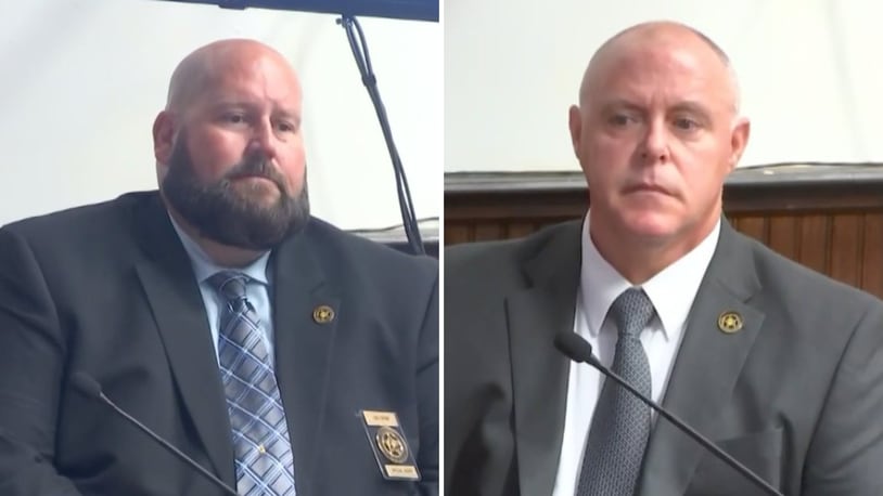Bureau of Criminal Investigation special agents Todd Fortner, left, and Shane Hanshaw, right, took the stand Monday in the murder trial of George Wagner IV, in Pike County. CONTRIBUTED/WCPO