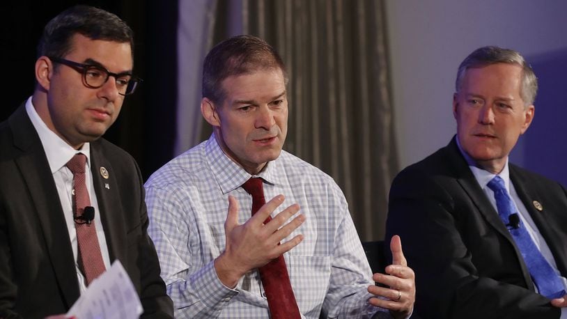Members of the House Freedom Caucus, (L-R) Rep. Justin Amash (R-MI), Rep. Jim Jordan (R-OH) and Chairman Mark Meadows (R-NC) participate in a Politico Playbook Breakfast interview at the W Hotel on April 6, 2017 in Washington, DC. (Photo by Mark Wilson/Getty Images)