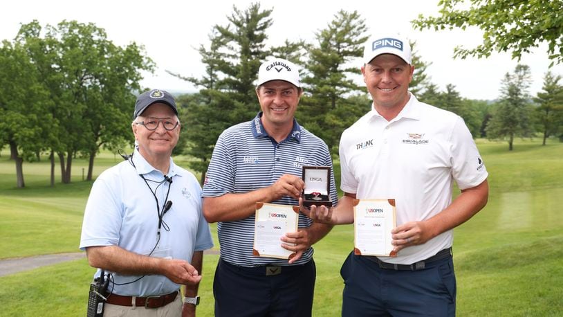 Brian Stuard, center, and Matthys Daffue, right, were the medalists at the U.S. Open Qualifier at Springfield Country Club on Monday. and Photo by Ron Alvey courtesy of Miami Valley Golf Association