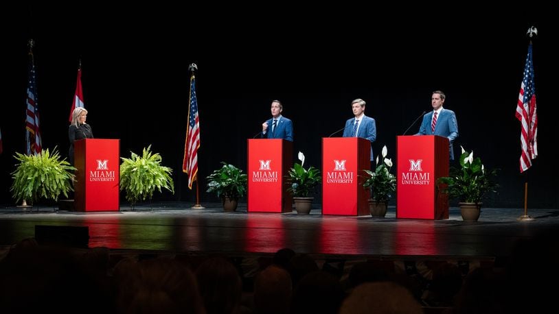 The Ohio U.S. Senate Republican candidates debate on Wednesday, March 6, 2024 at Miami University's Gates-Abegglen Theatre in the Center for Performing Arts in Oxford. Left to right: WLWT News 5 anchor Sheree Paolello was moderator for event with candidates Bernie Moreno, Matt Dolan and Frank LaRose. Pool photo