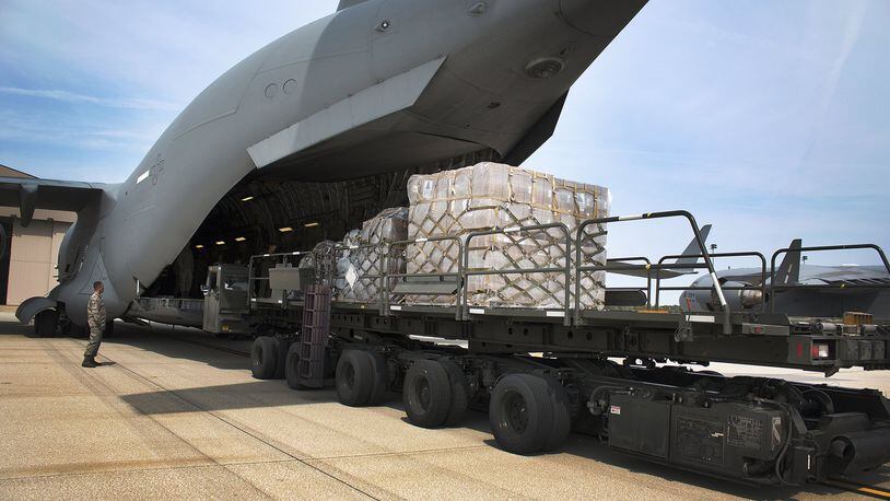 Food, water and cots are loaded on an Air Force Reserve C-17 Globemaster III at Wright-Patterson Air Force Base on Sept. 11, 2017 for shipment to Homestead Air Reserve Base, Fla. The aid was sent to help survivors of Hurricane Irma. CONTRIBUTED