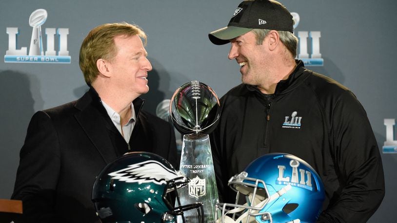 BLOOMINGTON, MN - FEBRUARY 05: NFL Commissioner Roger Goodell poses for a photo with head coach Doug Pederson of the Philadelphia Eagles and the Vince Lombardi Trophy during Super Bowl LII media availability on February 5, 2018 at Mall of America in Bloomington, Minnesota. The Philadelphia Eagles defeated the New England Patriots in Super Bowl LII 41-33 on February 4th. (Photo by Hannah Foslien/Getty Images)