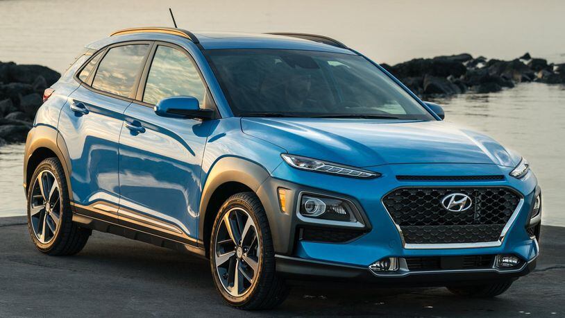 The Hyundai Kona compact crossover utility vehicle offers as standard Forward Collision-avoidance Assist, Lane Keeping Assist and Driver Attention Warning. All Konas come standard with tilt-and-telescopic steering wheel with audio, Bluetooth and cruise controls, and a 7-inch Display Audio touchscreen system with both Apple CarPlay and Android Auto capability. Kona is powered by a 2.0L Atkinson-cycle 4-cylinder with an optional 1.6L Turbo GDI engine that delivers 175 horsepower and 195 lbs.-ft of torque. Hyundai photo