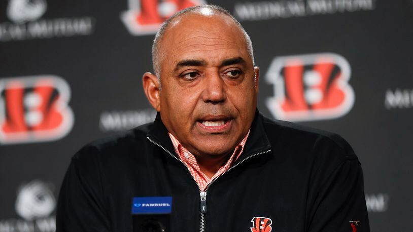 Cincinnati Bengals head coach Marvin Lewis speaks during a news conference following an announcement that he will remain in his position for an additional two seasons, Wednesday, Jan. 3, 2018, in Cincinnati. (AP Photo/John Minchillo)
