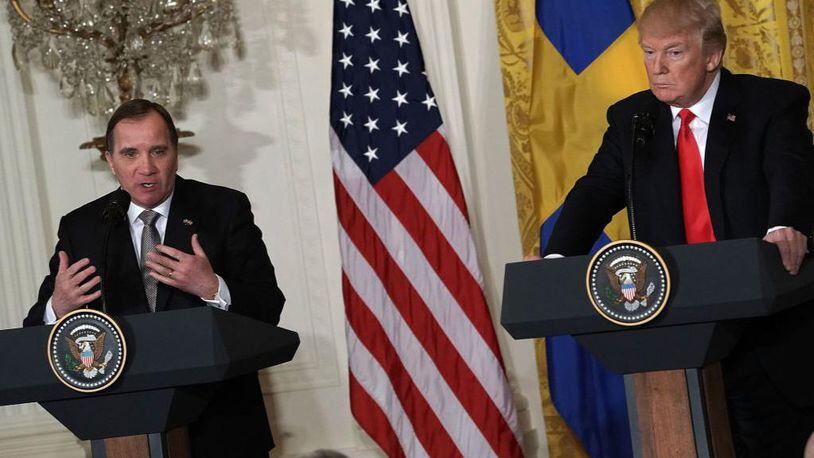 President Donald Trump (R) and Swedish Prime Minister Stefan Lofven (L) participate in a joint news conference in the East Room of the White House March 6, 2018 in Washington, DC. President Trump hosted Lofven for a bilateral meeting in the Oval Office, followed by the joint news conference.