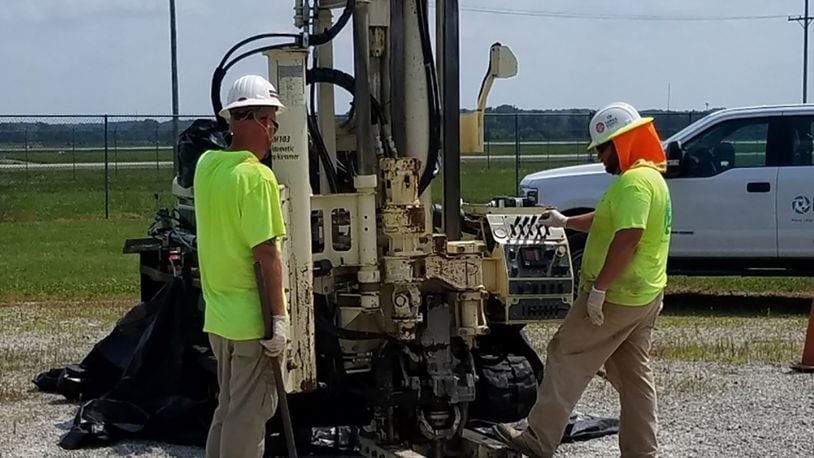 A direct-push technology drill rig collects subsurface soil-sample cores July 28 last year at the Fire Training Area on Wright-Patterson Air Force Base. CONTRIBUTED PHOTO