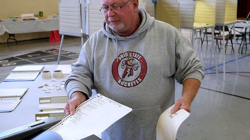 Ken McGarvey casts his vote in the ballot machine at the election poll in St. John’s Lutheran Church Tuesday. McGarvey says he never misses an election. Bill Lackey/Staff