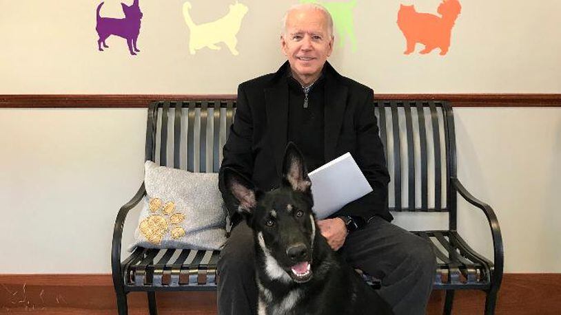 This photo provided by Delaware Humane Association shows former Vice President Joe Biden with his new dog at Delaware Humane Association in Wilmington, Del.