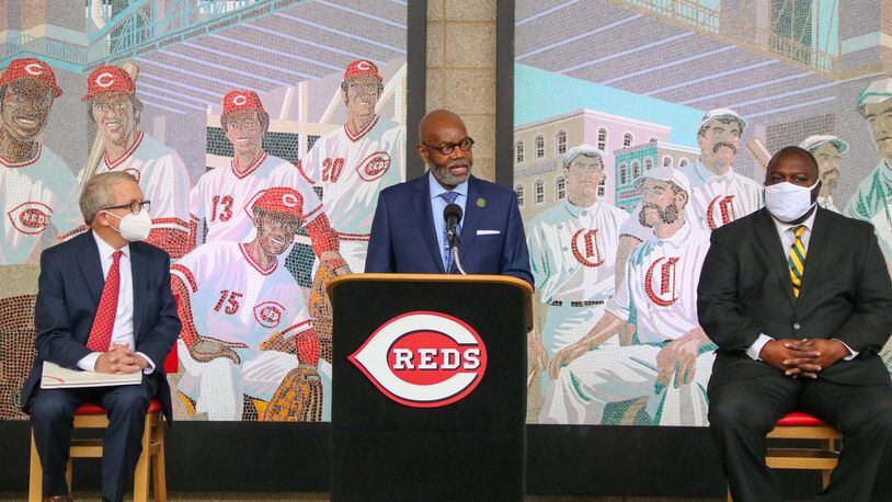 Wilberforce president Dr. Elfred Anthony Pinkard speaks Tuesday in Cincinnati at an event announcing the return of the university's baseball program through a partnership with the Reds. Cincinnati Reds photo