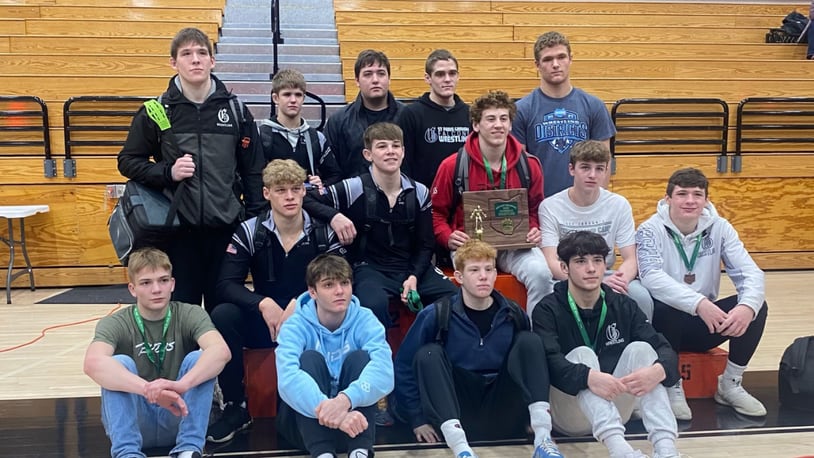 The Graham High School wrestling team, pictured after winning the Division II district title, is seeking its 24th state team championship this weekend in Columbus. CONTRIBUTED
