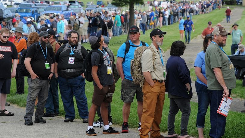 More than a thousand people waited in line at the Greene County Expo Center Friday, May 19, 2023, to enter the 71st annual Hamvention. MARSHALL GORBY\STAFF