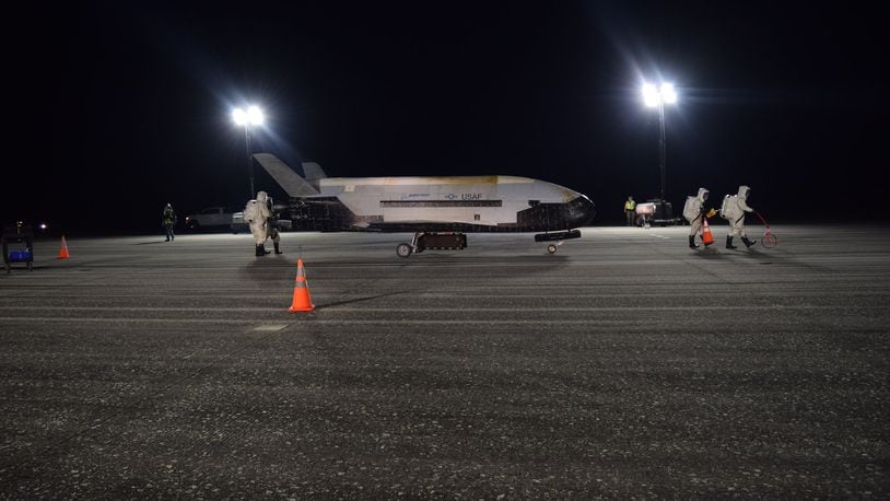 The Air Force s X-37B Orbital Test Vehicle Mission 5 successfully landed at NASA s Kennedy Space Center Shuttle Landing Facility Oct. 27, 2019. The X-37B OTV is an experimental test program to demonstrate technologies for a reliable, reusable, unmanned space test platform for the U.S. Air Force. (Courtesy photo)