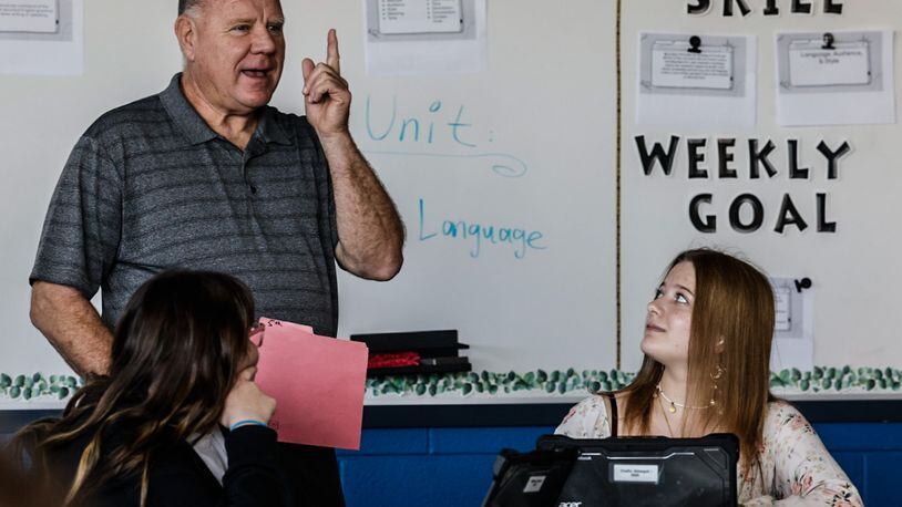 Northridge High School driver's education teacher, Jim McDowell goes over driving protocol in his class Friday October 6. 2023. From left, sophomores Mariyah Williams and Abbegail Chafin are students in the photo. JIM NOELKER/STAFF