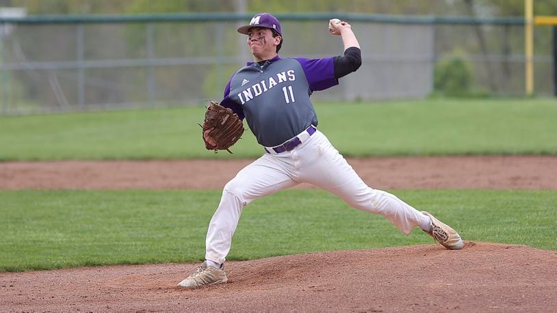 Cutline: Mechanicsburg High School junior Jake Edwards pitches during their game against Northeastern on Thursday, May 6 in Mechanicsburg. The Indians won 4-1 to clinch their first baseball league title in 56 years and first Ohio Heritage Conference title in program history. Michael Cooper/CONTRIBUTED