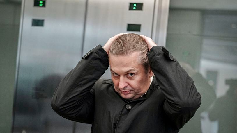 Maximilian Krah, AfD lead candidate for the European elections, stands in the elevator in the Bundestag after a meeting with the AfD parliamentary group leadership, Wednesday, April 24, 2024, in Berlin.. One of Krah's employees is suspected of spying for China. (Kay Nietfeld/dpa via AP)