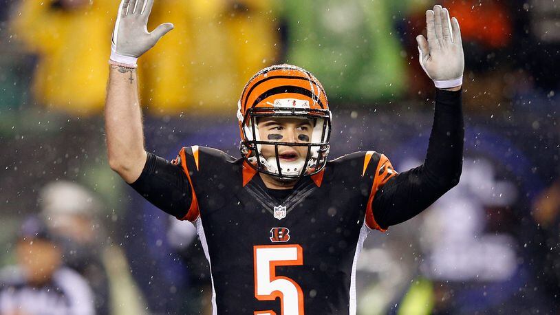 CINCINNATI, OH - JANUARY 09:  AJ McCarron #5 of the Cincinnati Bengals celebrates after Jeremy Hill #32 (not pictured) scores a touchdown in the fourth quarter against the Pittsburgh Steelers during the AFC Wild Card Playoff game at Paul Brown Stadium on January 9, 2016 in Cincinnati, Ohio.  (Photo by Joe Robbins/Getty Images)