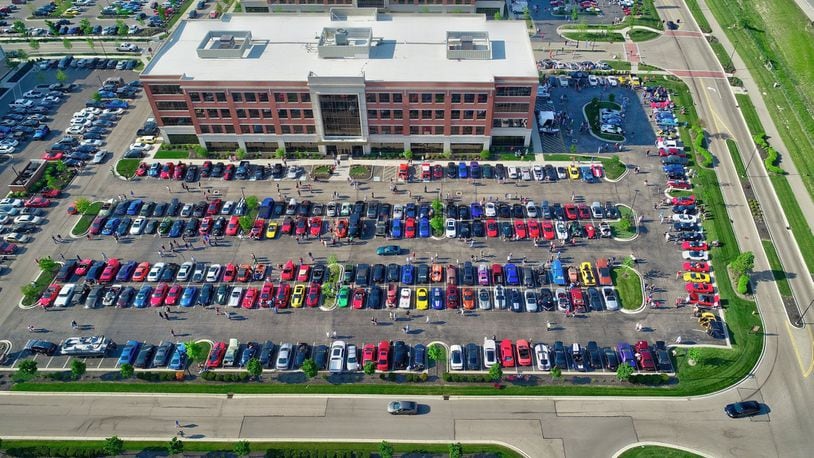 Dayton Cars and Coffee seen from above. This is one of three parking lots used at Austin Landing. Photo by Rapid Aerial Imaging