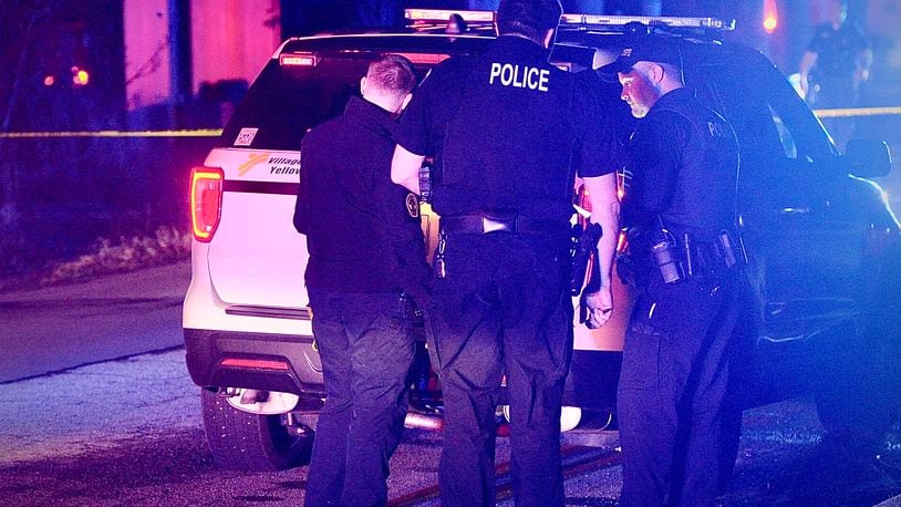 There was a heavy police presence in Yellow Springs on South High Street Thursday night, March 14, 2024, following a report of a shooting. MARSHALL GORBY \STAFF