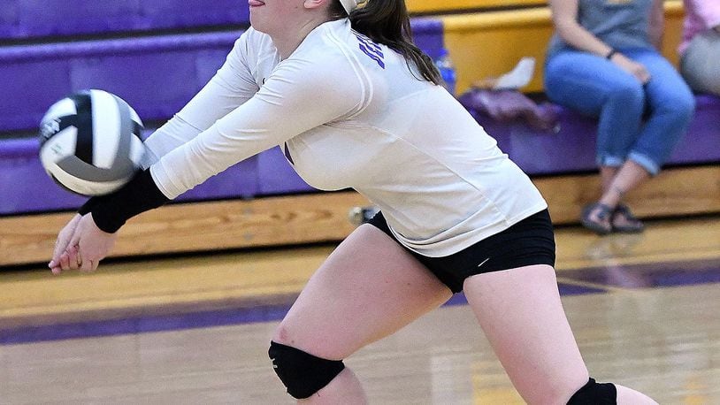 An Eaton High School volleyball player makes a return. Eaton snapped Bellbrook’s 35-game SWBL home winning streak on Thursday, Aug. 29, 2019. NICK FALZERANO / CONTRIBUTED