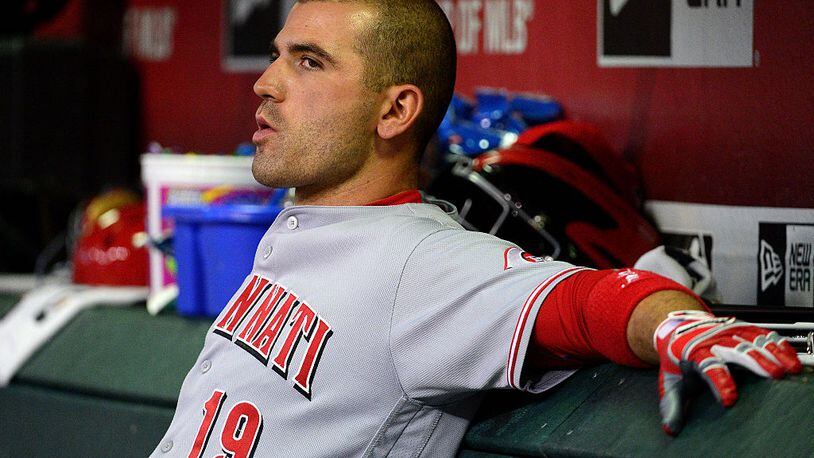 PHOENIX, AZ - AUGUST 26: Joey Votto #19 of the Cincinnati Reds sits in the dugout during the game against the Arizona Diamondbacks at Chase Field on August 26, 2016 in Phoenix, Arizona. (Photo by Jennifer Stewart/Getty Images)
