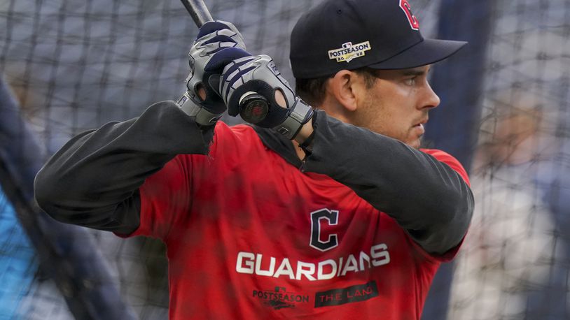 Cleveland Guardians catcher Luke Maile takes batting practice before Game 5 of an American League Division baseball series against the New York Yankees, Monday, Oct. 17, 2022, in New York. (AP Photo/Frank Franklin II)