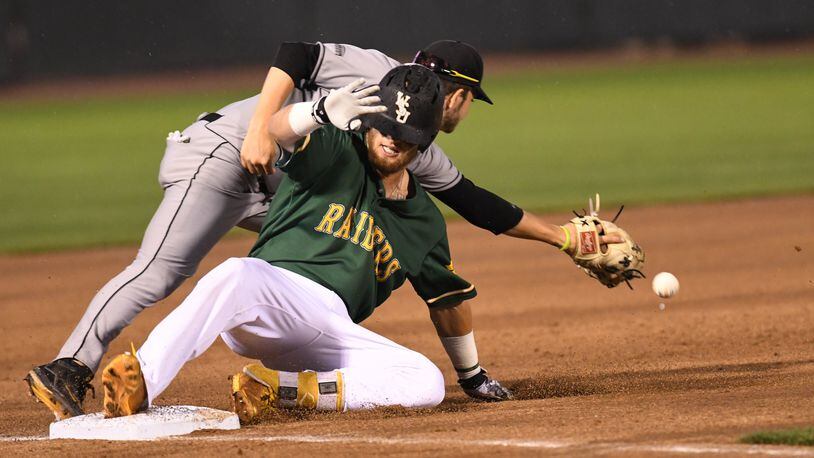 Wright State’s Zach Weatherford slides into third base during last week’s game vs. Northern Kentucky at Fifth Third Field. Nick Falzerano/CONTRIBUTED