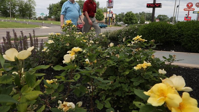 Springifeld City Commissioner David Estrop and City Manager Jim Bodenmiller walk past the flowers planted in front of the McDonald’s restaurant on South Limestone Wednesday, May 30, 2018. The city was recognizing businesses that kept their properties clean and beautiful. Bill Lackey/Staff