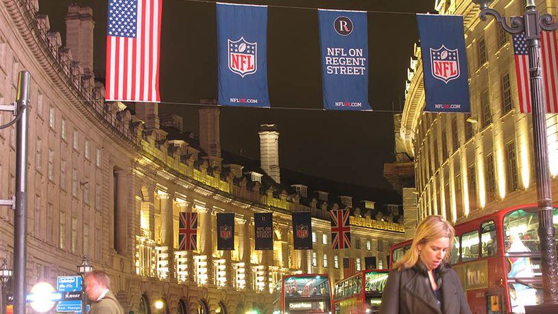 American flags and National Football League banners adorn London's Regent Street ahead of the Atlanta Falcons-Detroit Lions football game. Fans are expected to rally at Trafalgar Square in the British capital a day before Sunday's showdown at Wembley, the second of three NFL games being staged at England's national stadium this year.