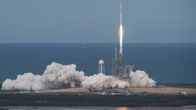 The SpaceX Falcon 9 rocket, with the Dragon spacecraft onboard, launches from pad 39A at NASAâs Kennedy Space Center in Cape Canaveral, Florida, Saturday, June 3, 2017. Dragon is carrying almost 6,000 pounds of science research, crew supplies and hardware to the International Space Station in support of the Expedition 52 and 53 crew members. The unpressurized trunk of the spacecraft also will transport solar panels, tools for Earth-observation and equipment to study neutron stars. This will be the 100th launch, and sixth SpaceX launch, from this pad. Previous launches include 11 Apollo flights, the launch of the unmanned Skylab in 1973, 82 shuttle flights and five SpaceX launches. Photo Credit: (NASA/Bill Ingalls)