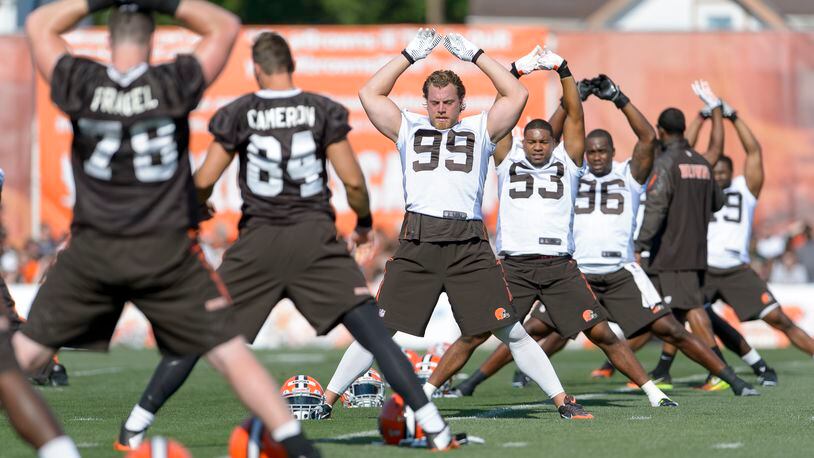 BEREA, OH - JULY 26: Cleveland Browns players stretch during training camp at the Cleveland Browns training facility on July 26, 2014 in Berea, Ohio. (Photo by Jason Miller/Getty Images)
