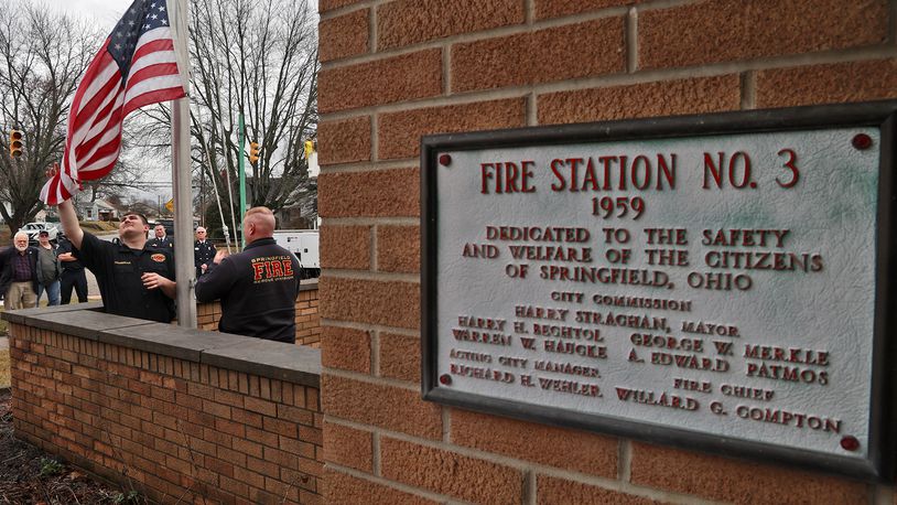 The ceremonial flag lowering concluded the decommissioning ceremony for Fire Station No. 3 on Selma Pike in the City of Springfield Tuesday, Jan. 3, 2023. A new fire station is being constructed on South Limestone Street to replace the existing station. BILL LACKEY/STAFF