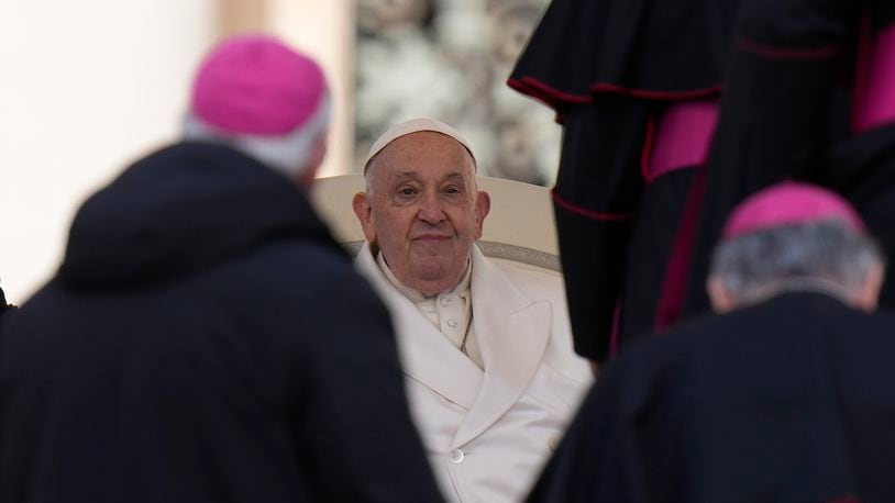 Pope Francis holds his weekly general audience in St. Peter's Square, at the Vatican, Wednesday, April 24, 2024. (AP Photo/Alessandra Tarantino)