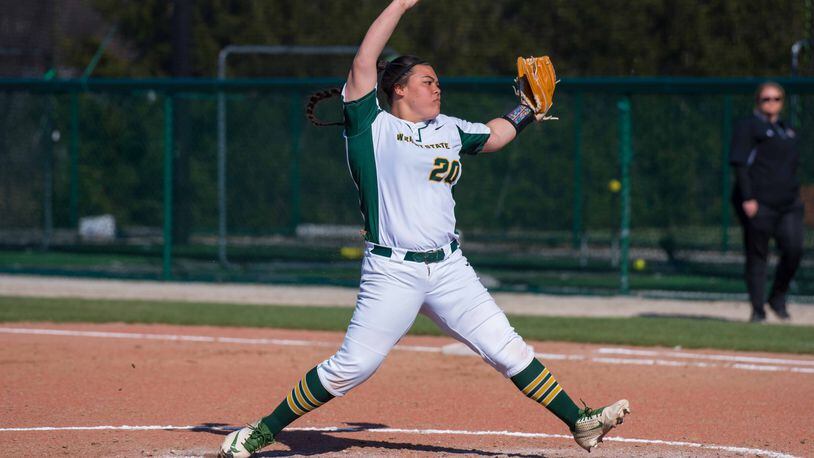 Wright State’s Olivia Otani fires a pitch plateward against Northern Kentucky on April 2, 2019. Joseph Craven/CONTRIBUTED