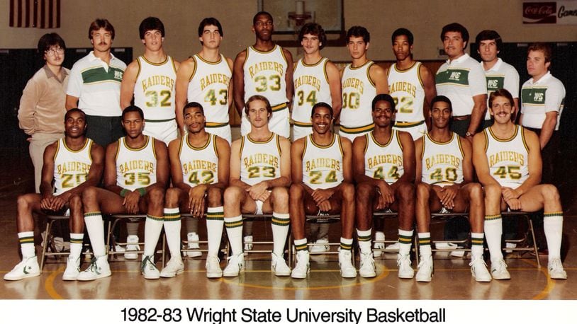 1982-83 Wright State University basketball, NCAA Division II National Champions, (sitting): T.C. Johnson, Steve Purcell, Anthony Bias, Tom Holzapfel, Gary Monroe, Andy Warner, Fred Moore, Phil Benninger, (standing): Rob Smock (manager), Bob Grote (asst. coach), Rob Sanders, Eric Ernst, Theron Barbour, Mark McCormick, Mike Grote, Eric Ellis, Ralph Underhill (head coach), Jim Brown (asst. coach), David Shon (trainer)