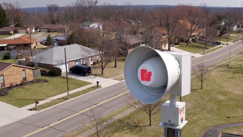 A tornado siren on Wilson Park Drive in West Carrollton. Ohio is conducting a statewide tornado drill on Wednesday, March 22, 2023, as part of Severe Weather Awareness Week. STAFF FILE