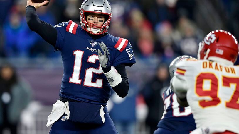 New England Patriots quarterback Tom Brady (12) throws during the first quarter against the Kansas City Chiefs on Sunday, Dec. 8, 2019 at Gillette Stadium in Foxborough, Mass. (Jill Toyoshiba/The Kansas City Star/TNS)
