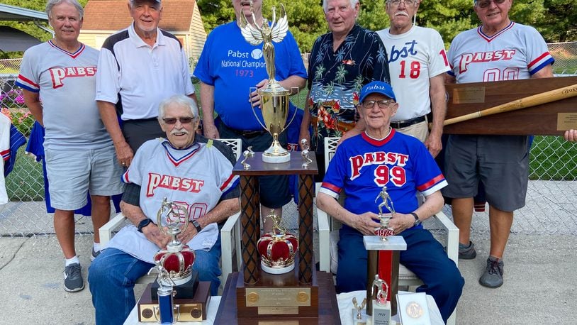 Cutline: Members of the 1973 Pabst-IHC team that won the World Industrial Championship met last month in Springfield to celebrate the 50th anniversary of their title-winning season. Members include (front row) Ron White and Manager Guy Infante and (back row) Rick Wade, Bob Reisinger, Larry "Monk" Garrard, Lou Bowman, Wayne Crew and Larry Spahr. CONTRIBUTED PHOTO