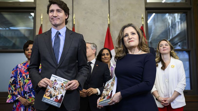 Canada's Prime Minister Justin Trudeau, from left, Deputy Prime Minister, Minister of Finance Chrystia Freeland and cabinet ministers pose for a photo before the tabling of the federal budget on Parliament Hill in Ottawa, Ontario, on Tuesday, April 16, 2024. (Justin Tang/The Canadian Press via AP)