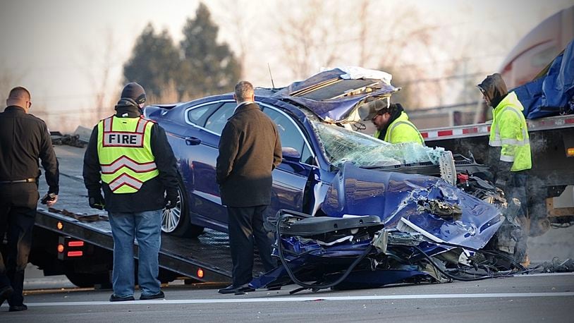 At least one person died following crash involved a car and semi truck on I-75 South near East National Road in Vandalia Wednesday, Dec. 21, 2022. MARSHALL GORBY / STAFF