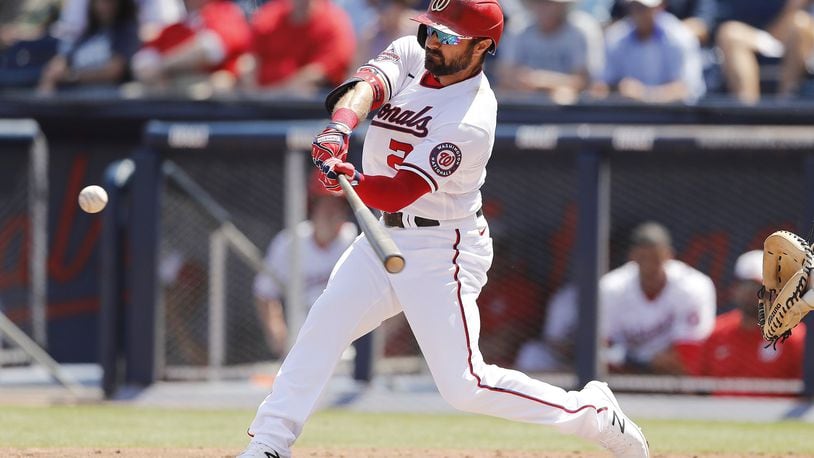 The Nationals’ Adam Eaton bats against the New York Yankees during a Grapefruit League spring training game at FITTEAM Ballpark of The Palm Beaches on March 12, 2020 in West Palm Beach, Florida. (Photo by Michael Reaves/Getty Images)