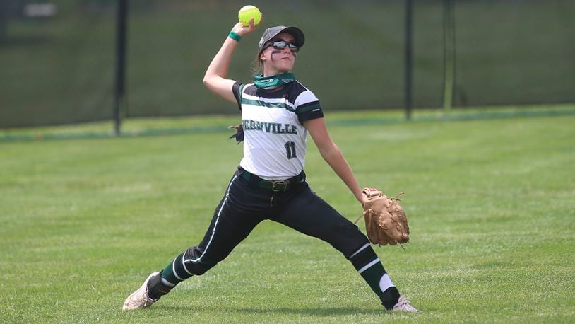 Greenville's Bri Fellers throws a ball to the infield during a game against Shawnee in the Division II regional tournament on May 27, 2021, in Mason. Photo by Michael Cooper